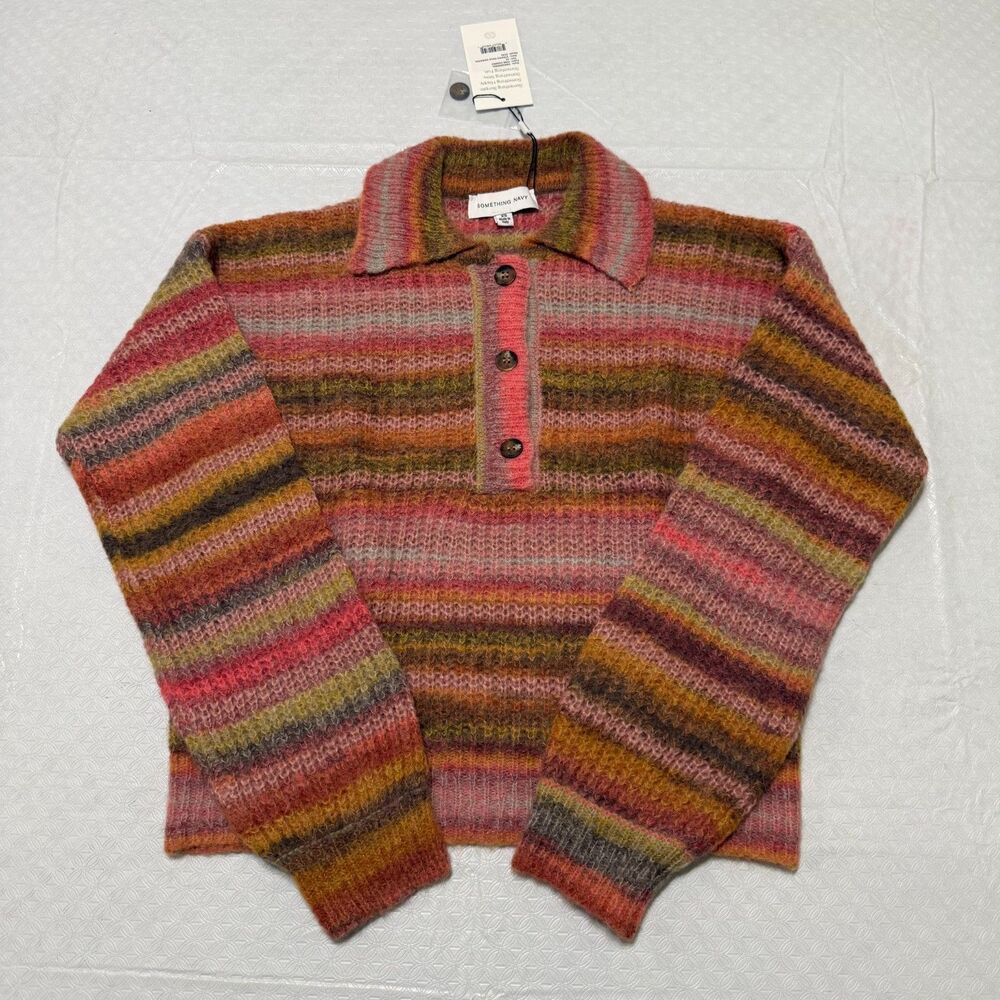 Something Navy Striped Polo Sweater - Pink Combo Women's XS NWT